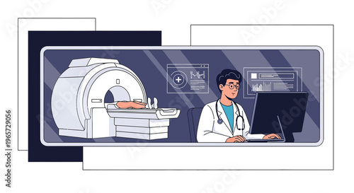 Doctor operating MRI scanner with patient in modern medical clinic, advanced technology