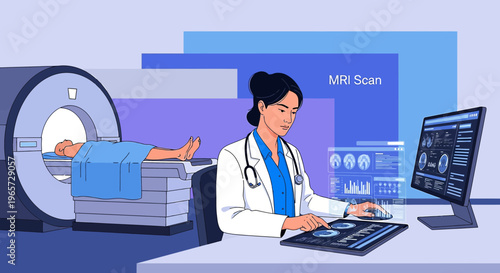 Doctor operating MRI scanner with patient and futuristic interface