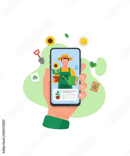 Hand holding a smartphone displaying a gardening app, featuring a gardener, sunflower, watering can, and plant care schedule.