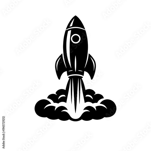 Black and white illustration of a rocket ship launching into space with smoke and flames, symbolizing innovation and progress.