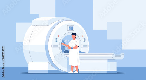 Doctor operating MRI scanner with patient on bed, medical technology, healthcare concept