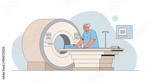 Doctor operating MRI scanner with patient on bed, medical technology, healthcare concept
