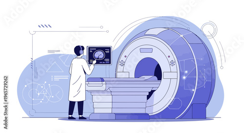 Doctor operating MRI scanner, modern medical technology, brain scan, diagnostic imaging