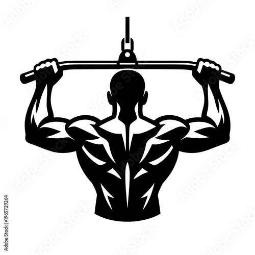 Muscular man doing pull-ups on a bar with a pulley system, exercising back muscles in a gym setting for strength training