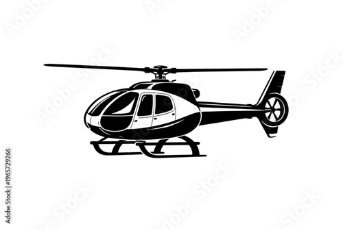 Black and white illustration of a modern helicopter with rotor blades and windows