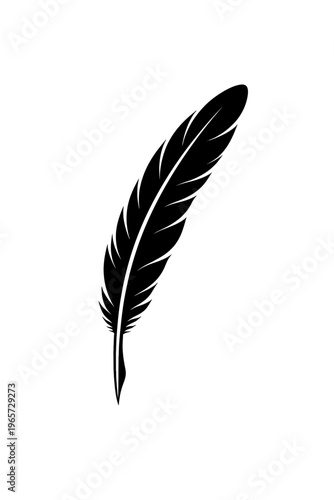 A black feather icon on a white background, symbolizing writing and creativity with a single quill pen feather