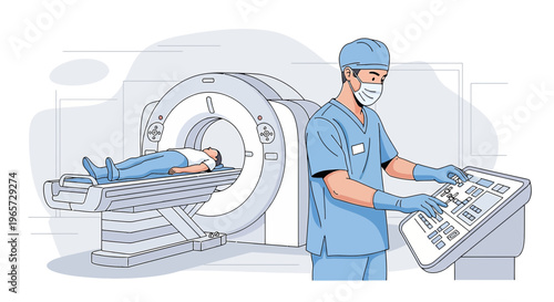 Doctor Operating MRI Scanner with Patient Inside, Medical Technology Illustration