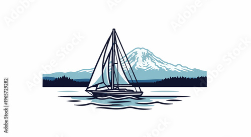 Sailboat glides across water with snow-capped mountain and pine trees
