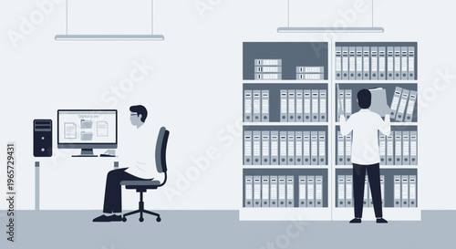 Doctor Organizing Medical Records in Archive Room with Computer and Shelves