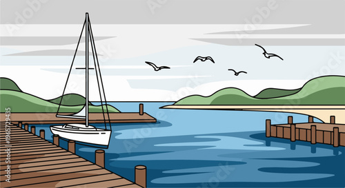 Sailboat moored at a wooden pier on a calm blue bay with rolling green hills