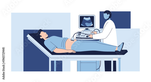 Doctor Performing Abdominal Ultrasound on Patient Lying Down, Medical Imaging Technology