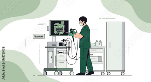 Doctor performing colonoscopy with internal organ scan on screen in modern medical clinic