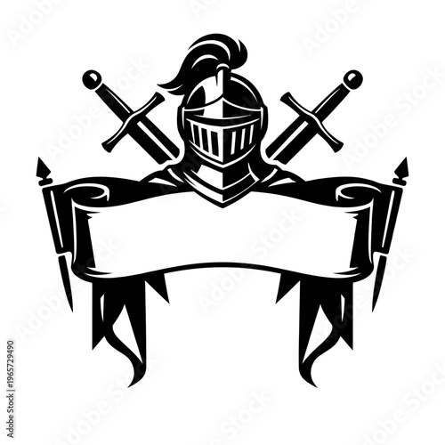 Medieval knight helmet with crossed swords and banner