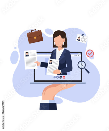 Professional businesswoman holding resumes during a virtual interview, appearing on a laptop screen for online recruitment.