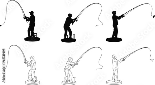 Fishing man silhouettes and outline illustrations set, angler casting rod action poses, outdoor sport activity vector design isolated