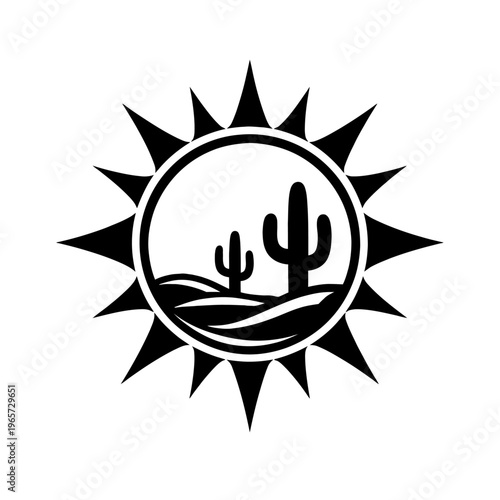 Desert landscape with cactus and sun illustration, black and white, sunny day in the desert with prickly plants