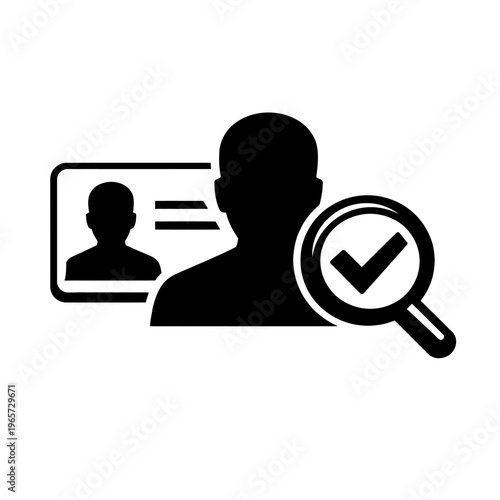 A silhouette of a man with a magnifying glass and ID card verification, symbolizing identity check and authentication process.