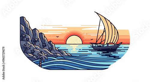 Sailboat on ocean with rocky island at sunset, pixel art style