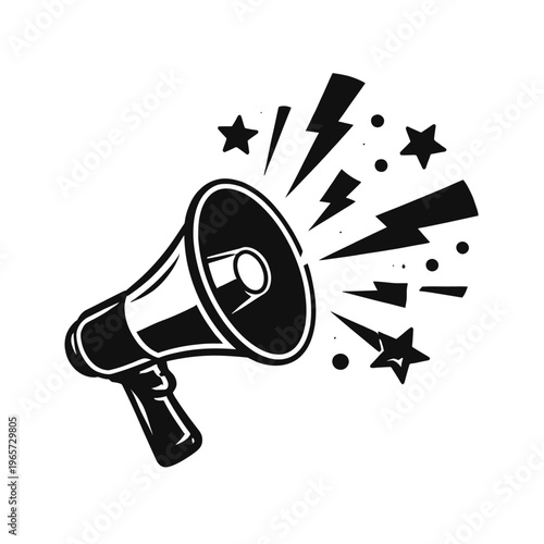 Black and white illustration of a megaphone with explosion of stars and lightning bolts, symbolizing loudspeaker announcement or public address