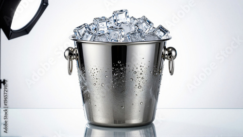 Metal ice bucket overflowing with clear ice cubes, studio shot with white background