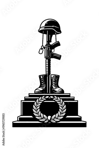 Memorial monument with military helmet, rifle, boots and dog tags on a pedestal with laurel wreath, symbolizing respect and honor
