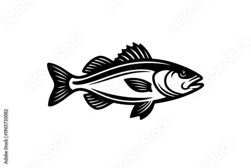 Vibrant Black and White Illustration of a Freshwater Fish with Open Mouth and Detailed Fins on White Background for Graphic Design