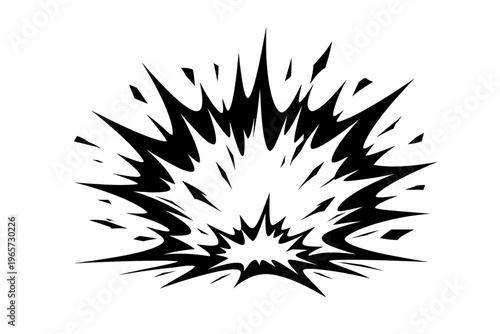 A dynamic black explosion or burst effect on a white background, representing energy, power, or sudden impact in design and comics