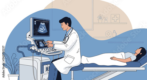 Doctor performing ultrasound examination on patient in medical clinic