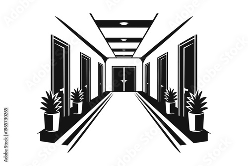 A black and white illustration of a long corridor with doors and potted plants on either side in a modern building