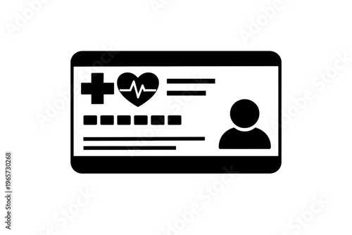 Medical ID card with heart rate and cross symbol on white background