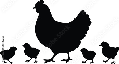 Silhouette of Mother Hen with Her Baby Chicks, Family of Chickens in Different Poses