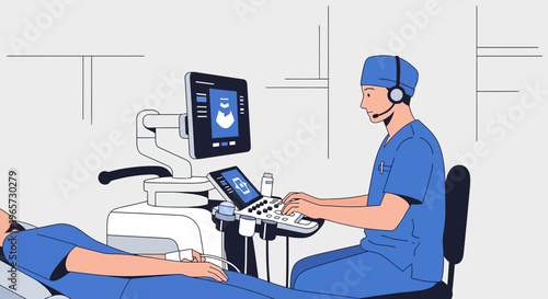 Doctor performing ultrasound examination on patient in modern medical clinic
