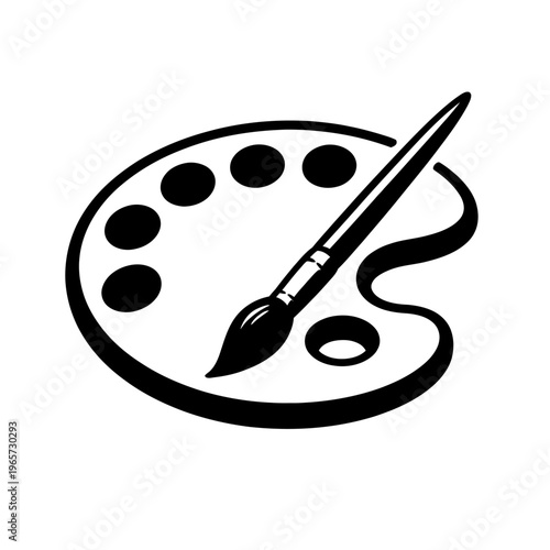 Black and white illustration of a paintbrush on a palette with color wells, artistic tools for painting and drawing