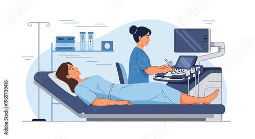 Doctor Performing Ultrasound Examination on Patient Lying on Medical Bed in Clinic