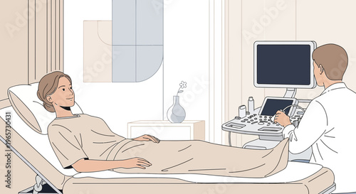 Doctor Performing Ultrasound Examination on Patient Lying on Medical Bed in Clinic