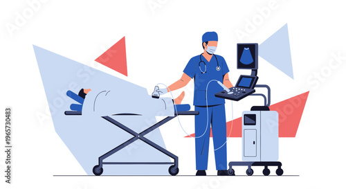 Doctor Performing Ultrasound Examination on Patient Lying on Stretcher in Medical Room