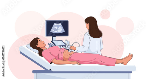 Doctor Performing Ultrasound Examination on Pregnant Woman in Clinic