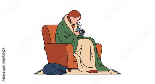 Woman sitting in armchair with blanket holding hot mug