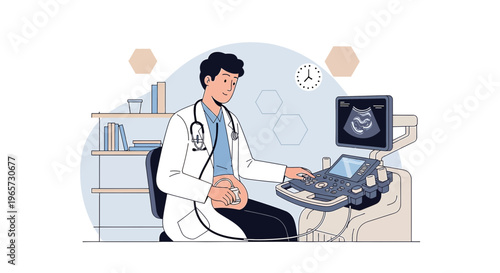 Doctor performing ultrasound examination on pregnant woman in clinic