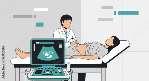 Doctor Performing Ultrasound Examination on Pregnant Woman in Clinic