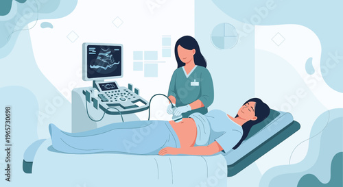 Doctor Performing Ultrasound Examination on Pregnant Woman in Modern Clinic