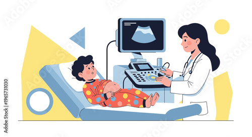 Doctor Performing Ultrasound on Child Patient in Medical Room, Healthcare Concept