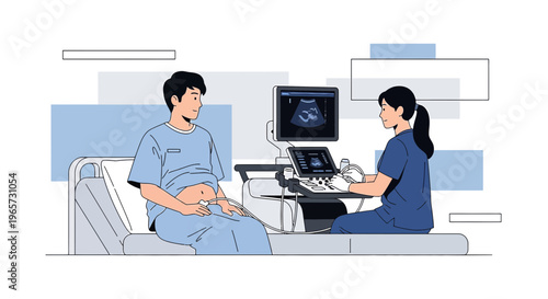 Doctor performing ultrasound on male patient, medical examination, modern clinic interior