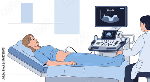 Doctor performing ultrasound on female patient lying on examination bed in clinic