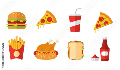 Fast food combo vector set with burger pizza fries drink and fried chicken flat illustration