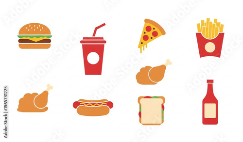 Minimal fast food combo icon set with burger pizza fries drink and takeaway meal symbols