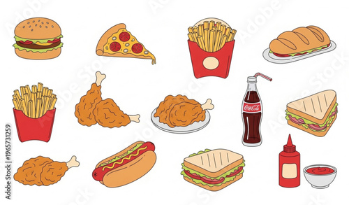 Hand drawn fast food combo vector set with burger pizza fries drink and doodle elements