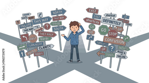 Confused man at a crossroads with multiple signs.