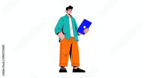 Young man holding digital tablet on isolated white background