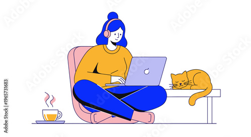 Woman working on laptop with sleeping cat at home